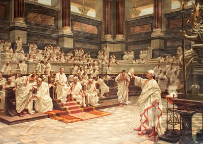 Cicero i Senatet anklagede Catilina (108-62 f.Kr.) for at trylle, 21. oktober 63 f.Kr. - kromolitografi af Hans W. Schmidt