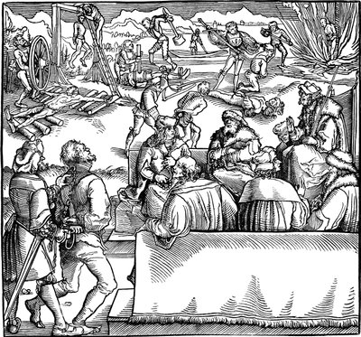 Retsmøde. Illustration fra bogen Phisicke Against Fortune af Petrarch, 1532 af Hans Weiditz the Younger