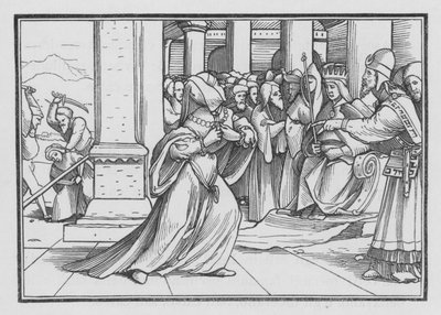 Athalia, der presser sig frem ind i templet, bliver grebet og dræbt, 2. Kongebog XI, 14 af Hans after Holbein the Younger