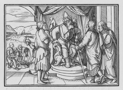Farao Chideth Moses og Aron for deres budskab, Exodus V, 2 af Hans after Holbein the Younger