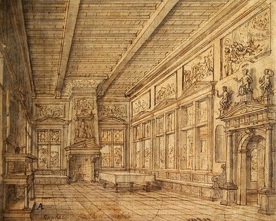 Interiør af en hal (grafit, pen og blæk og vask på papir) af Hans or Jan Vredeman de Vries