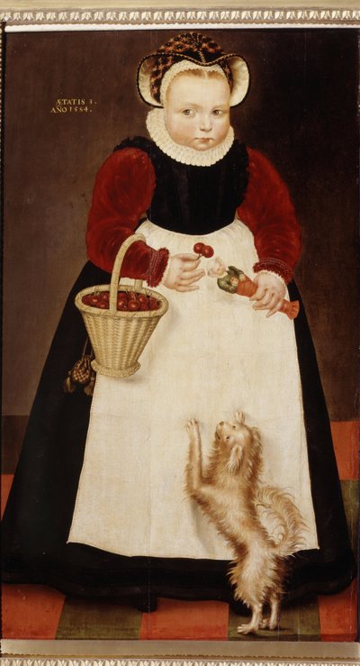 ""Portræt af en lille pige, der holder en kurv med kirsebær og en lille dukke"" (Portræt af en ung pige) Hun bærer et jordbærkrave Maleri af Hans Bock den Ældre (ca. 1550-1623) 1584 Pushkin Museum, Moskva af Hans the Elder Bock
