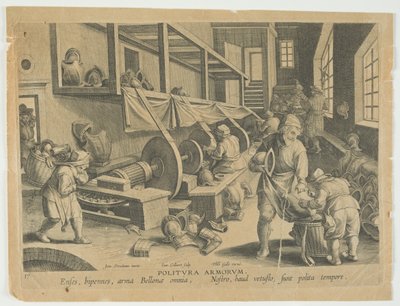 Politura Armorum, Poleringsvåben, plade 17 fra serien Nova Reperta, Modern Discoveries, ca. 1588 (gravering) af Hans the younger Collaert
