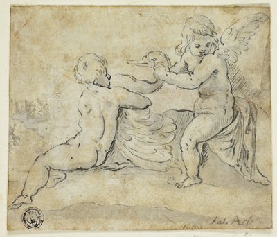 Putti Holding Swan af Hans von Aachen