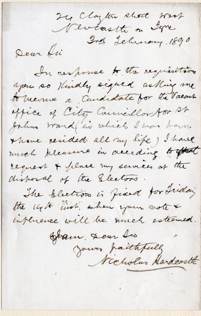 Brev fra Nicholas Hardcastle, der accepterer invitationen til at stille op som byrådsmedlem for St John
