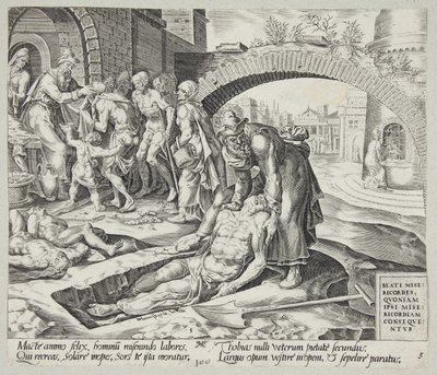 Salige er de barmhjertige. Tobit begraver de døde, klæder de nøgne på og fodrer de sultne af Harmen Jansz. Muller