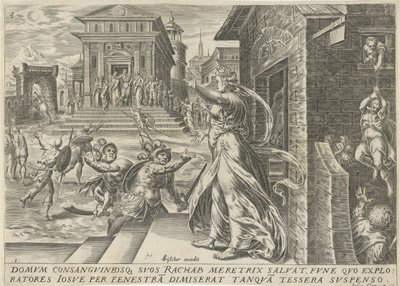 Rahab lader spionerne flygte gennem vinduet The History of Joshua (serietitel) af Harmen Jansz Muller