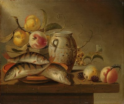 Stilleben med lerkrukke, fisk og frugt af Harmen Steenwijck