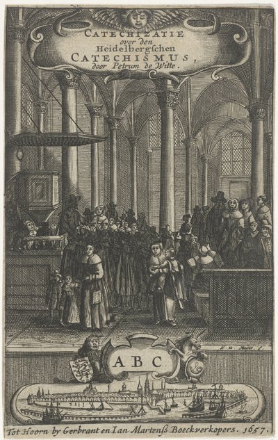 Kirkens interiør Titelside for: P. de Witte, Katekisation over Heidelbergschen-katekismen, 1657 af Harmen de Mayer