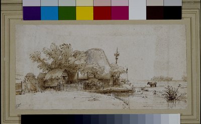 Landskab med et bondehus ved en flod (pen og blæk på papir) af Harmensz Van Rijn (after) Rembrandt