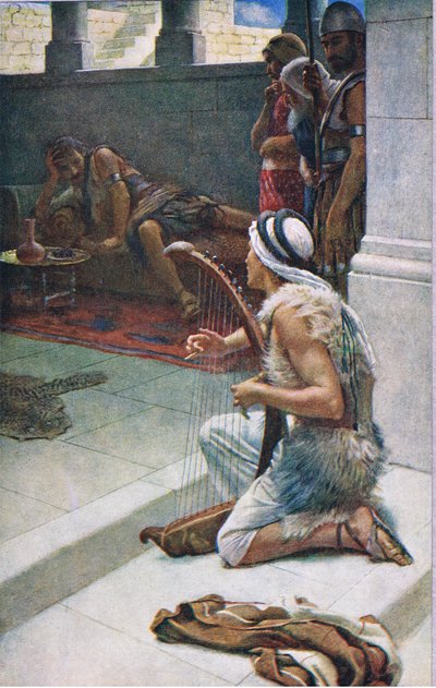 David spiller foran Saul, illustration fra Pictures That Teach The Crown Series, 1920 af Harold Copping