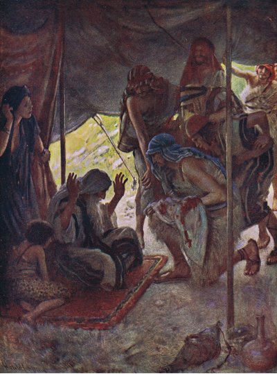 Josephs frakke bragt til Jacob, illustration fra Pictures That Teach The Crown Series, 1920 af Harold Copping
