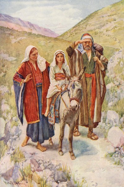 Det Nye Testamente: Hjemkomsten fra Egypten (farvelitografi) af Harold Copping