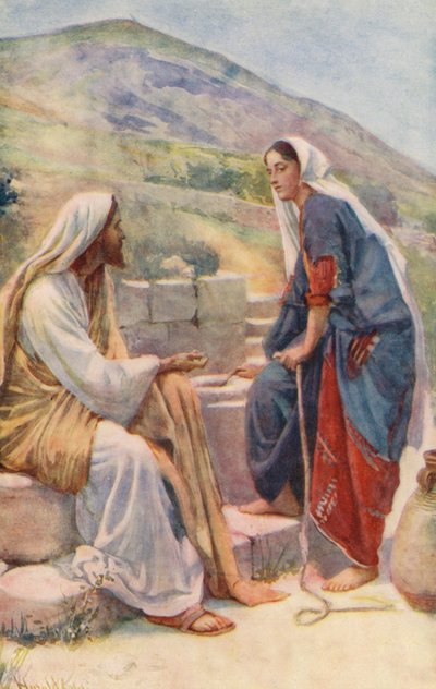 Det Nye Testamente: Brønden i Sykar (farvelitografi) af Harold Copping