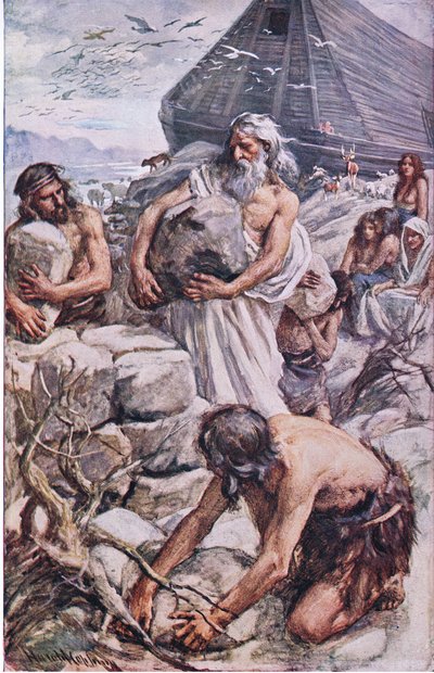 Noah bygger sit alter, illustration fra Pictures That Teach The Crown Series, 1920 af Harold Copping