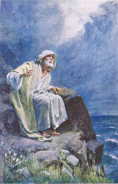 St John på øen Patmos, illustration fra Harold Copping Pictures: The Crown Series, ca. 1920