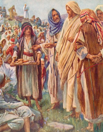 Brødene og fiskene, Johannes, 6, 9 (farvelitografi) af Harold Copping