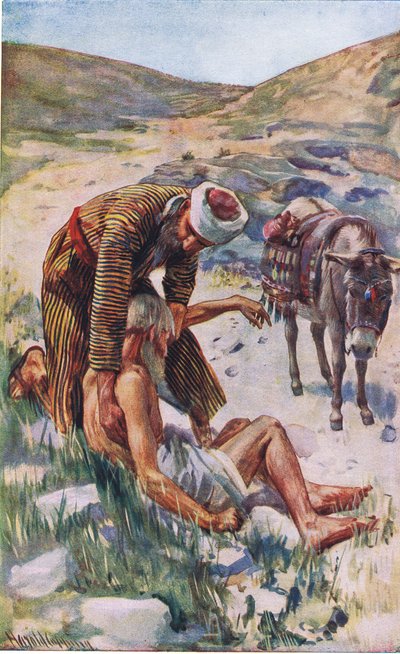 Den barmhjertige samaritan, illustration fra Harold Copping Pictures: The Crown Series, ca. 1920