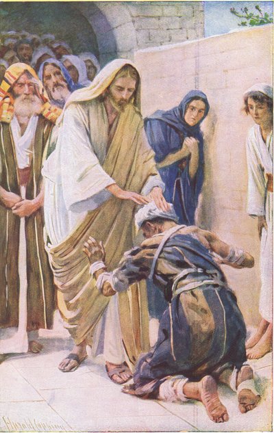Helbredelsen af den spedalske, illustration fra Harold Copping Pictures: The Crown Series, ca. 1920