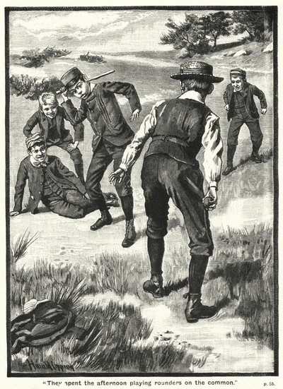 "De brugte eftermiddagen på at spille rounders på fælleden" (gravering) af Harold Copping