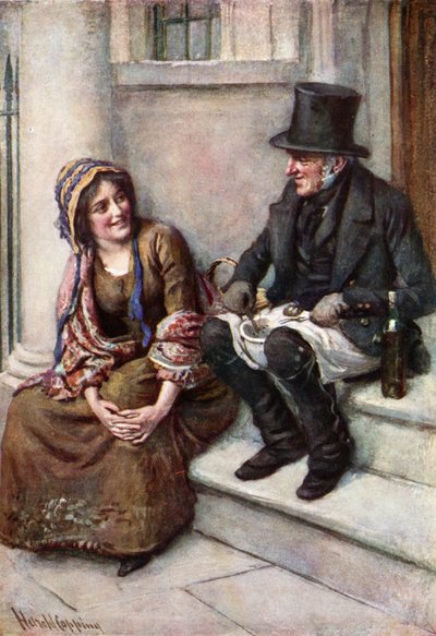 Trotty Veck og hans datter Meg (farve litho) af Harold Copping