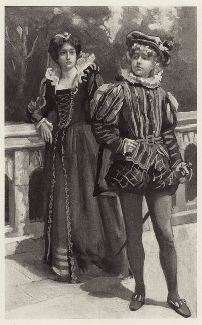 Viola skyndte sig fra sin tilstedeværelse og truede med aldrig mere at komme for at bede Orsinos kærlighed af Harold Copping