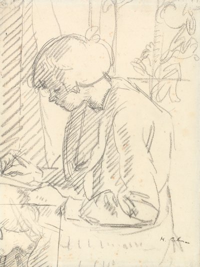 En pige skriver (sort kridt på papir) af Harold Gilman