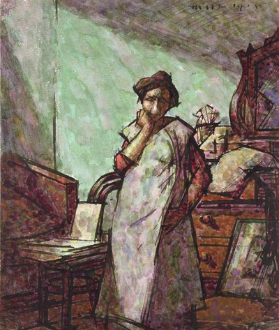 Interiør med fru Mounter i en overall, 1. december 1918 af Harold Gilman