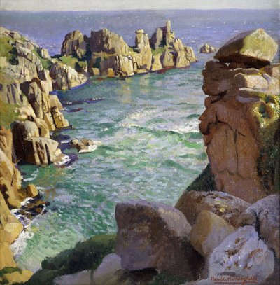 Logans Rock, Porthcurno Beach, Cornwall af Harold Harvey