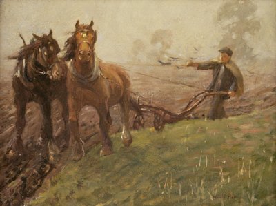 Mand, der pløjer en mark af Harold Harvey