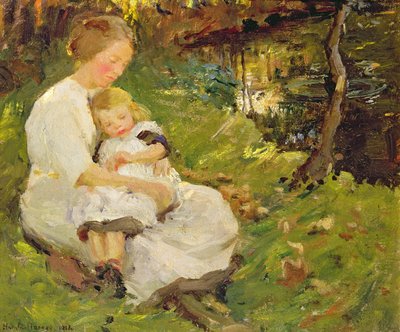 Mor og barn i et skovklædt landskab af Harold Harvey