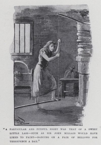 "Et særligt og ynkeligt syn var det af en sød lille pige, sådan som Sir John Millais gerne ville have malet, dansende på et par bælge for tre pence om dagen" (s/h foto) af Harold Hume Piffard