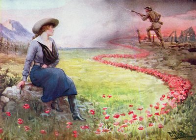 Den tynde røde linje (farve litho) af Harold Hume Piffard