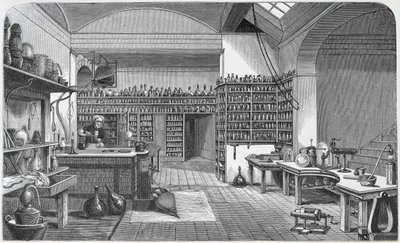 Michael Faraday (1791-1867) i sit kælderlaboratorium, fra Henry Bence Jones 