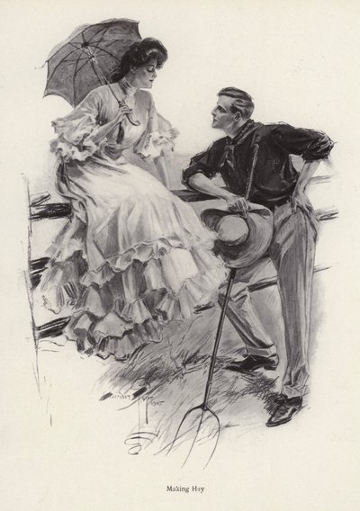 En landmand holder pause i sit arbejde for at flirte med en ung kvinde (litho) af Harrison Fisher