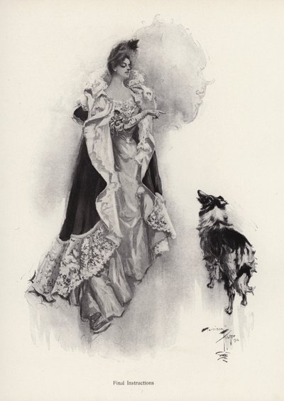 En ung kvinde går ud om aftenen og beder sin hund om at adlyde instruktioner (litho) af Harrison Fisher
