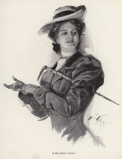 Blåt bånd vinder hestekvinde (litho) af Harrison Fisher