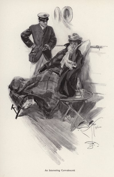 Kaptajn om bord på et skib taler med en kvinde i rekonvalescens (litho) af Harrison Fisher