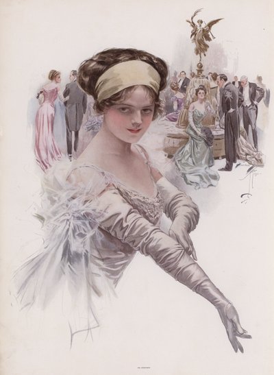 Debutant ved et bal (farve litho) af Harrison Fisher