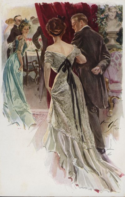 Illustration til When a Man Marries af Mary Roberts Rinehart (farve litho) af Harrison Fisher