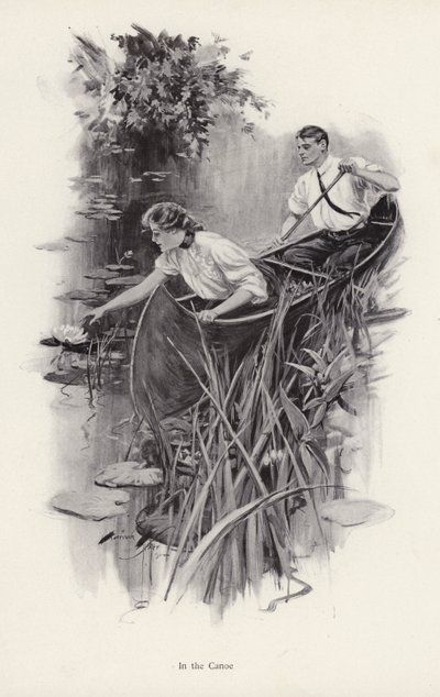 Mand og kvinde i en kano (litho) af Harrison Fisher
