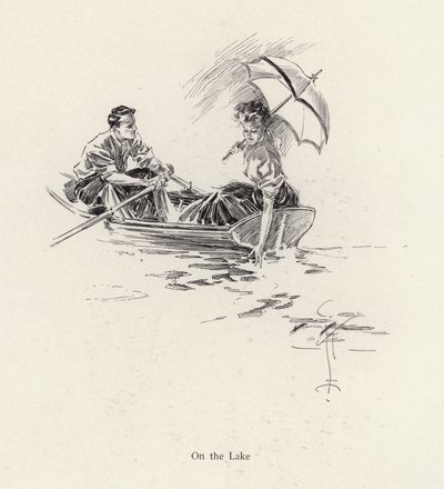 Mand og kvinde i en robåd på søen (litho) af Harrison Fisher