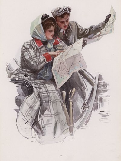 Mand og kvinde læser et kort i en bil (farve litho) af Harrison Fisher