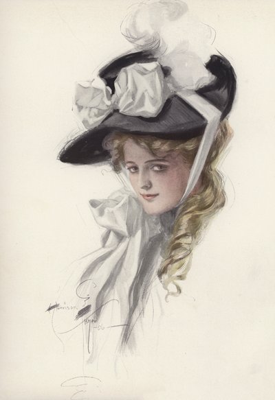 Portræt af en kvinde i en fancy hat (farve litho) af Harrison Fisher
