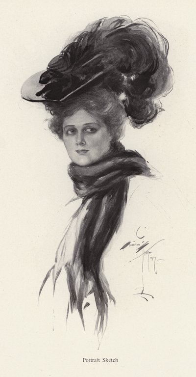 Portræt af en kvinde i en stor hat (litho) af Harrison Fisher