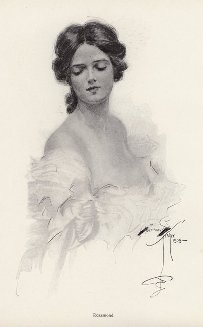 Portræt af en kvinde ved navn Rosamond (litho) af Harrison Fisher