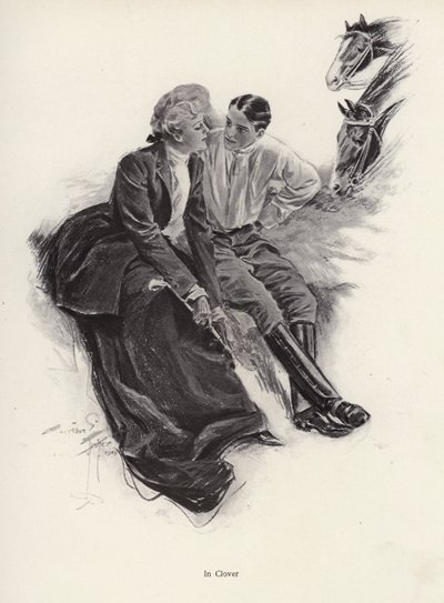 Romantisk par tager en pause under en ridetur (litho) af Harrison Fisher