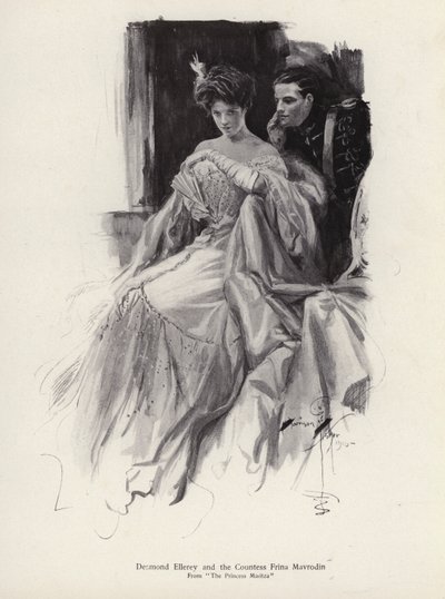 To karakterer, Desmond Ellery og grevinden Frina Mavrodin fra romanen, Prinsessen Moritza, af Percy Brebner (litho) af Harrison Fisher