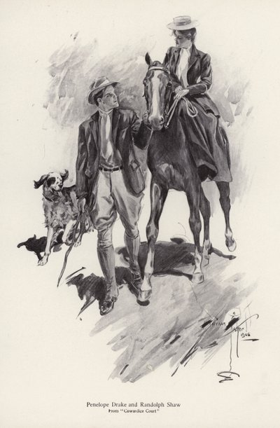 To karakterer, Penelope Drake og Randolph Shaw fra romanen, Cowardice Court, af George Barr McCutcheon (litho) af Harrison Fisher