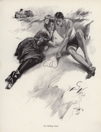 To elskere tegner hjerter i sandet på stranden (litho) af Harrison Fisher